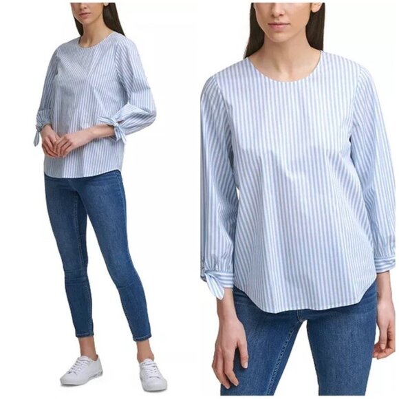 NWT Calvin Klein Striped Tie-Cuff Poplin Top Size M - Picture 1 of 15